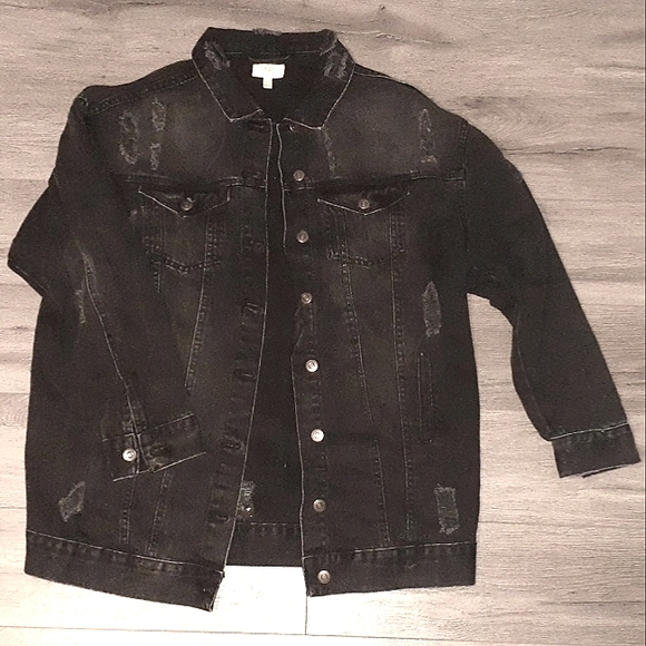 Oversized distressed off-black denim jacket "women" L - Picture 1 of 3